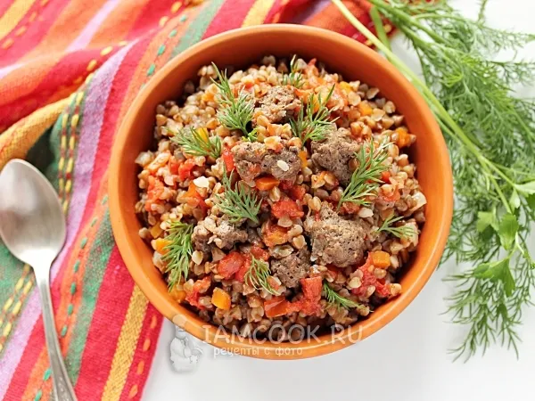 Фото блюда: Гречка по-купечески с фаршем в мультиварке
