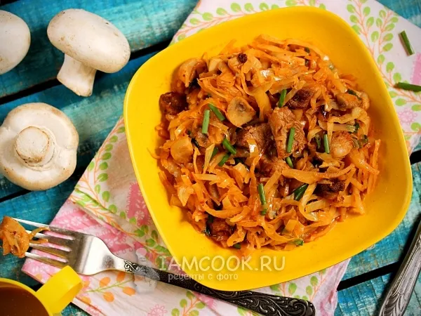 Фото блюда: Капуста с мясом и грибами в мультиварке