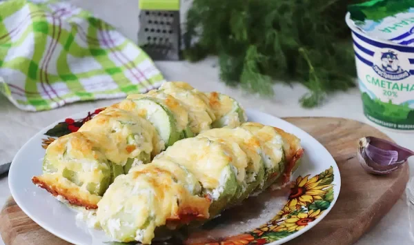 Фото блюда: Кабачки, запечённые с сыром и сметаной в духовке