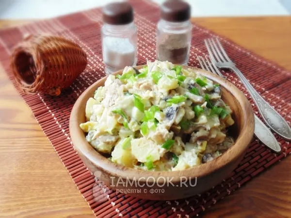 Фото блюда: Салат с курицей, грибами и зеленым луком