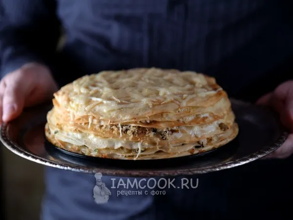 Фото блюда: Блинный торт с курицей и грибами