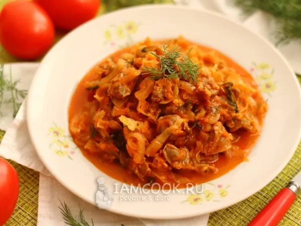 Фото блюда: Тушеные куриные желудки с капустой
