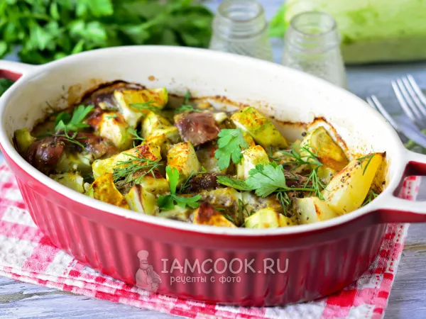 Фото блюда: Куриная печень с кабачками и картошкой в духовке