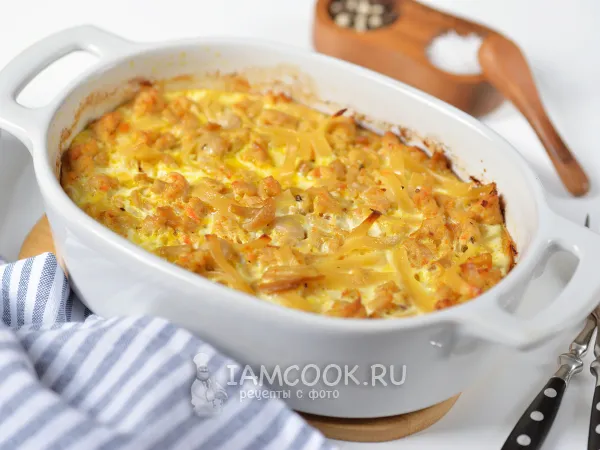 Фото блюда: Макароны с фаршем и грибами в духовке