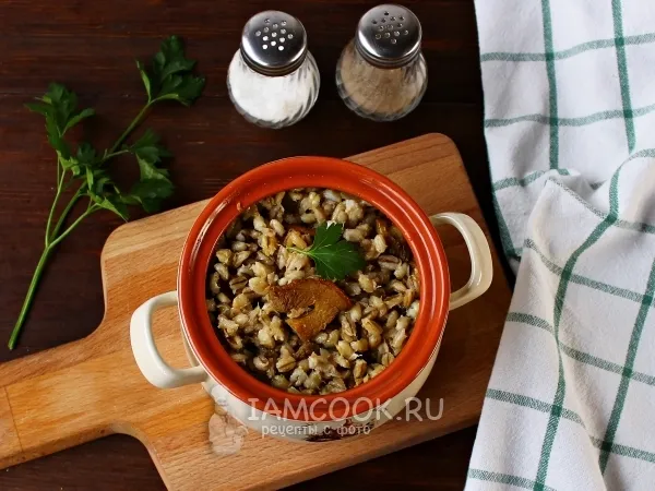 Фото блюда: Перловая каша с грибами в горшочке