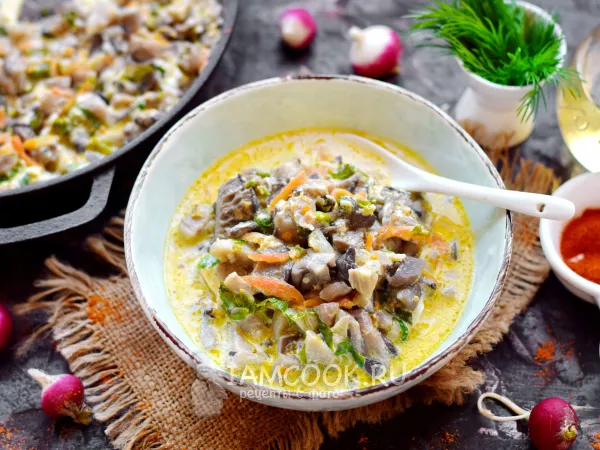 Фото блюда: Вешенки с овощами и зеленью в сметане