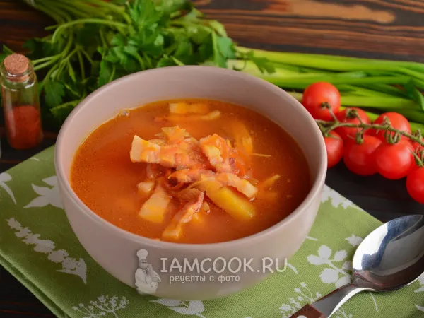 Фото блюда: Борщ с курицей и копченой свиной грудинкой