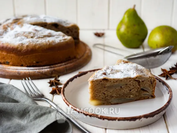 Фото блюда: Пышная шарлотка с грушами на кефире в духовке