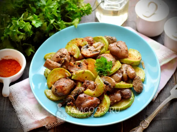 Фото блюда: Куриная печень с грибами и кабачками в сковороде