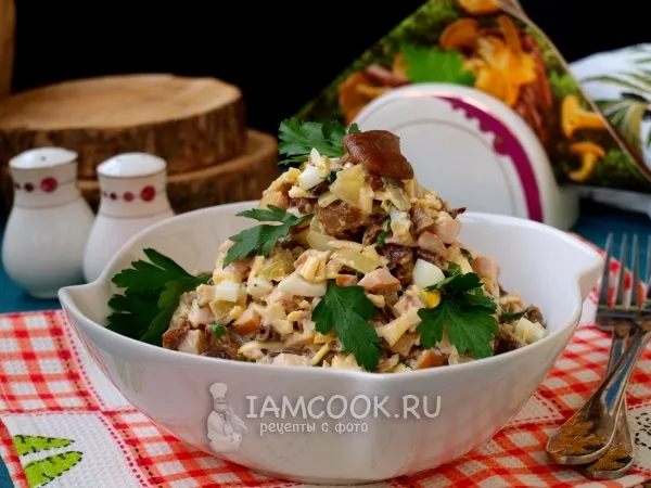 Фото блюда: Салат с копченой курицей, грибами и сыром