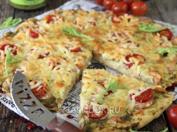 Фото блюда: Пицца с креветками и соусом песто