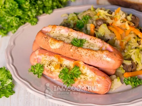 Фото блюда: Сосиски с сыром, запеченные в духовке