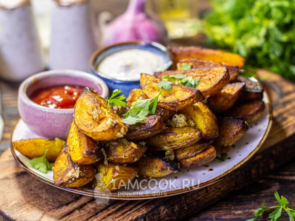 Фото блюда: Картошка по-деревенски на сковороде с чесноком