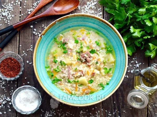 Фото блюда: Суп с тушенкой, пшеном и яйцом