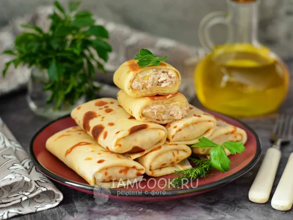 Фото блюда: Блины с курицей и луком