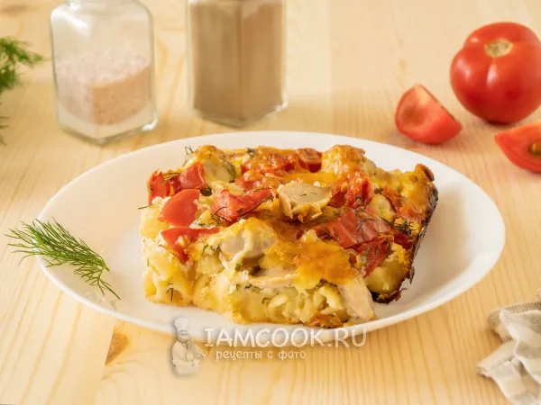Фото блюда: Запеканка из макарон с сосисками и помидорами