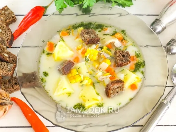 Фото блюда: Сырный суп с гренками