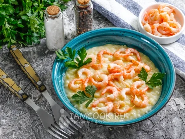 Фото блюда: Паста орзо с креветками и сметаной