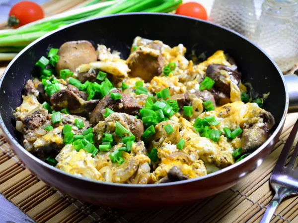 Фото блюда: Куриная печень с яйцом на сковороде