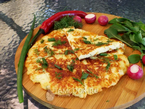 Фото блюда: Ленивый хачапури с сыром сулугуни на сковороде