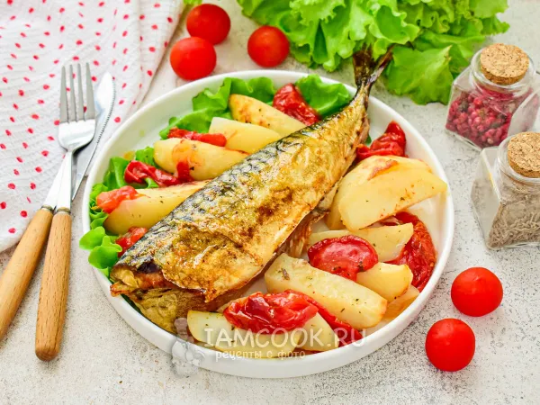 Фото блюда: Скумбрия с картошкой и помидорами в духовке
