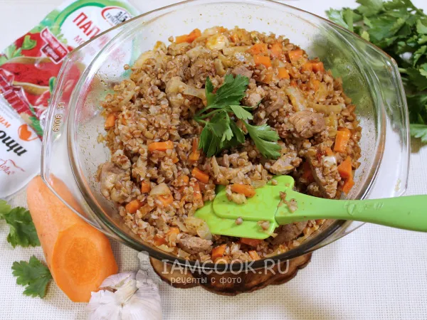 Фото блюда: Гречка по-купечески с индейкой в микроволновке