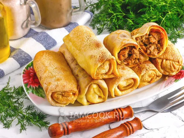 Фото блюда: Блины с фаршем в духовке