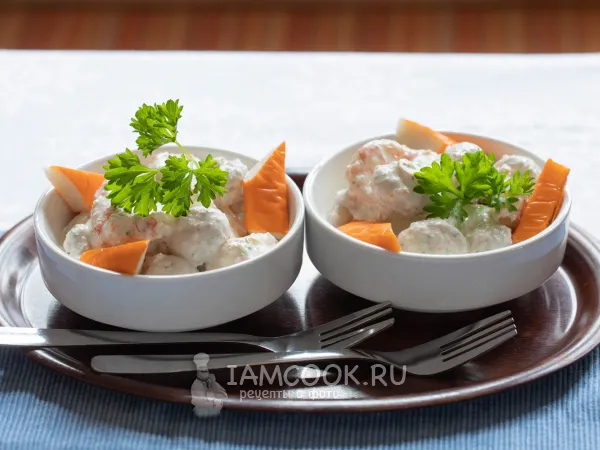 Фото блюда: Салат с креветками, крабовыми палочками и шампиньонами