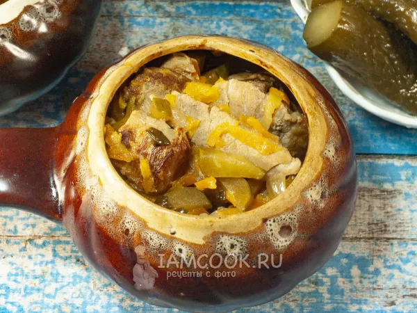 Фото блюда: Мясо в горшочке с солеными огурцами