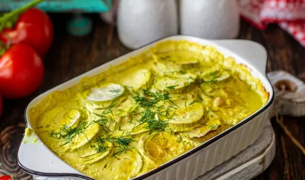 Фото блюда: Курица с кабачками в духовке со сметаной
