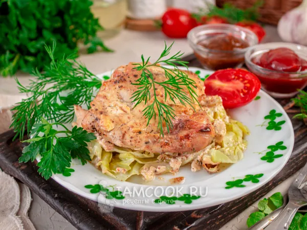 Фото блюда: Стейки из капусты с курицей в духовке