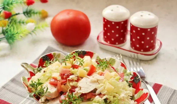 Фото блюда: Салат «Сказка» с курицей и помидорами