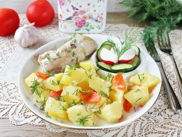 Фото блюда: Тушеная картошка с курицей в сметане