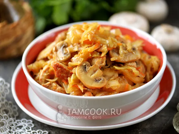 Фото блюда: Тушеная капуста с мясом и грибами