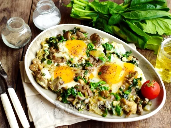 Фото блюда: Яичница со шпинатом и вешенками