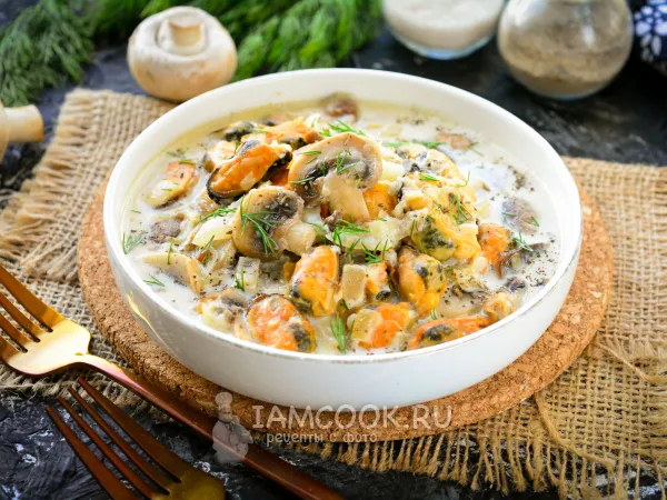 Фото блюда: Мидии с грибами в сливочном соусе
