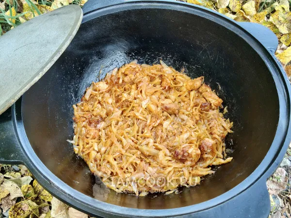 Фото блюда: Капуста с мясом в казане на костре