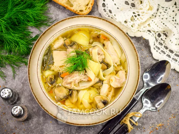 Фото блюда: Куриный суп с лапшой и грибами