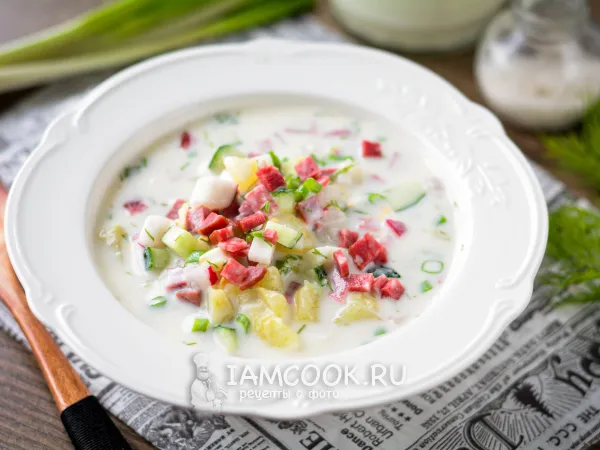 Фото блюда: Окрошка с копченой колбасой (на кефире с газировкой)