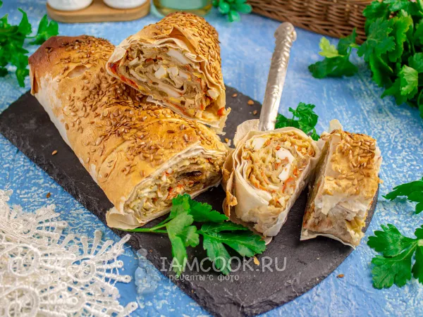 Фото блюда: Рулет из лаваша с капустой и яйцом