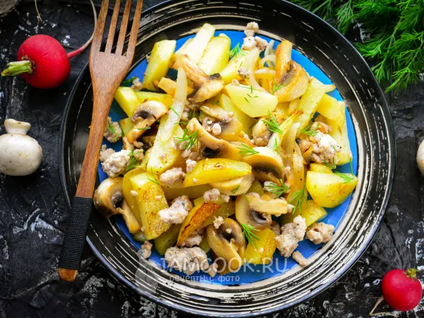 Фото блюда: Жареная картошка с фаршем и грибами