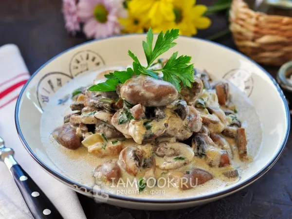 Фото блюда: Куриные сердечки с грибами