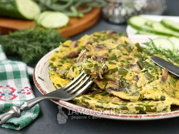 Фото блюда: Омлет с шампиньонами и чесночными стрелками