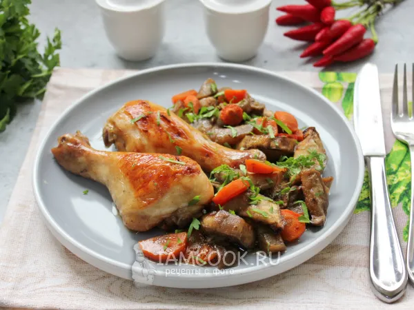 Фото блюда: Куриные голени с баклажанами в духовке