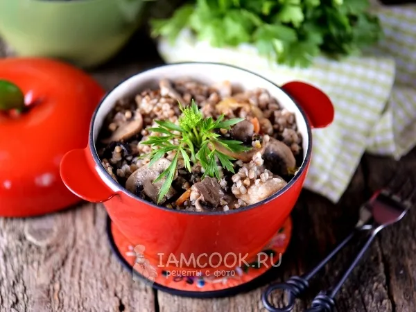 Фото блюда: Гречка с грибами и курицей в горшочке (в духовке)