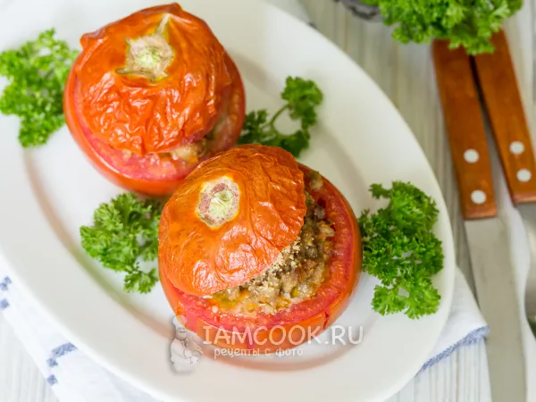 Фото блюда: Помидоры, фаршированные фаршем, запеченные в духовке
