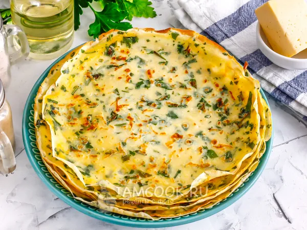 Фото блюда: Блины с сыром и зеленью на молоке