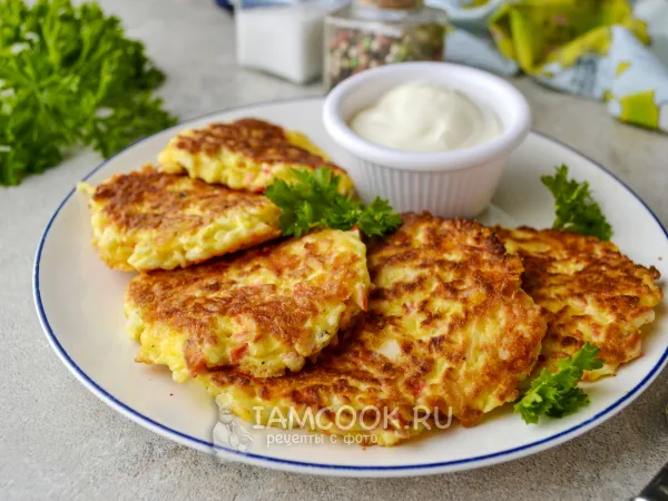 Фото блюда: Оладьи из крабовых палочек с сыром