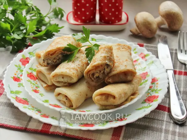 Фото блюда: Блины с курицей, грибами и сыром