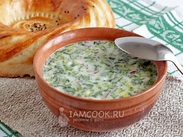 Фото блюда: Окрошка на кефире с копченой курицей (без картошки)